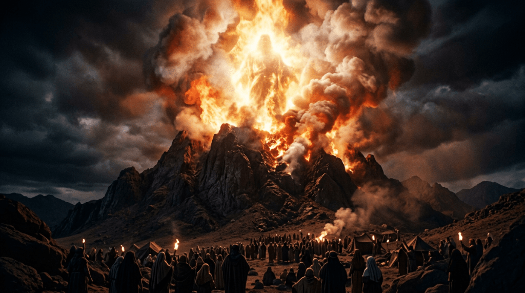 Torchlit crowd gathered before an erupting mountain under dark storm clouds